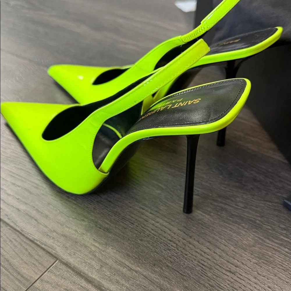 Saint Laurent Neon Lime Patent Slingback Pointed-Toe Heels - Picture 5 of 6